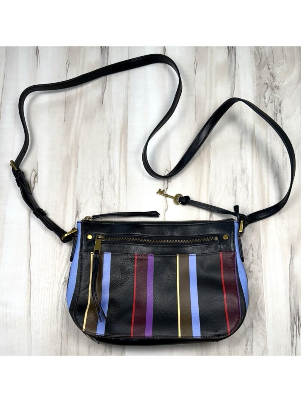 FOSSIL 10"x8"x2" Multicolor Stripe Vegan Leather Crossbody PURSE Handbag *Flaw*